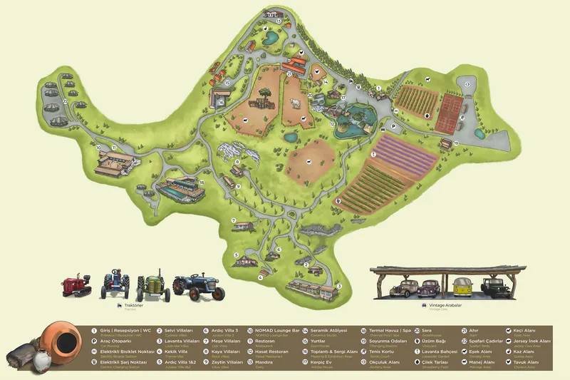 Manici Çiftlik site map: villas, tents, restaurant and shared areas